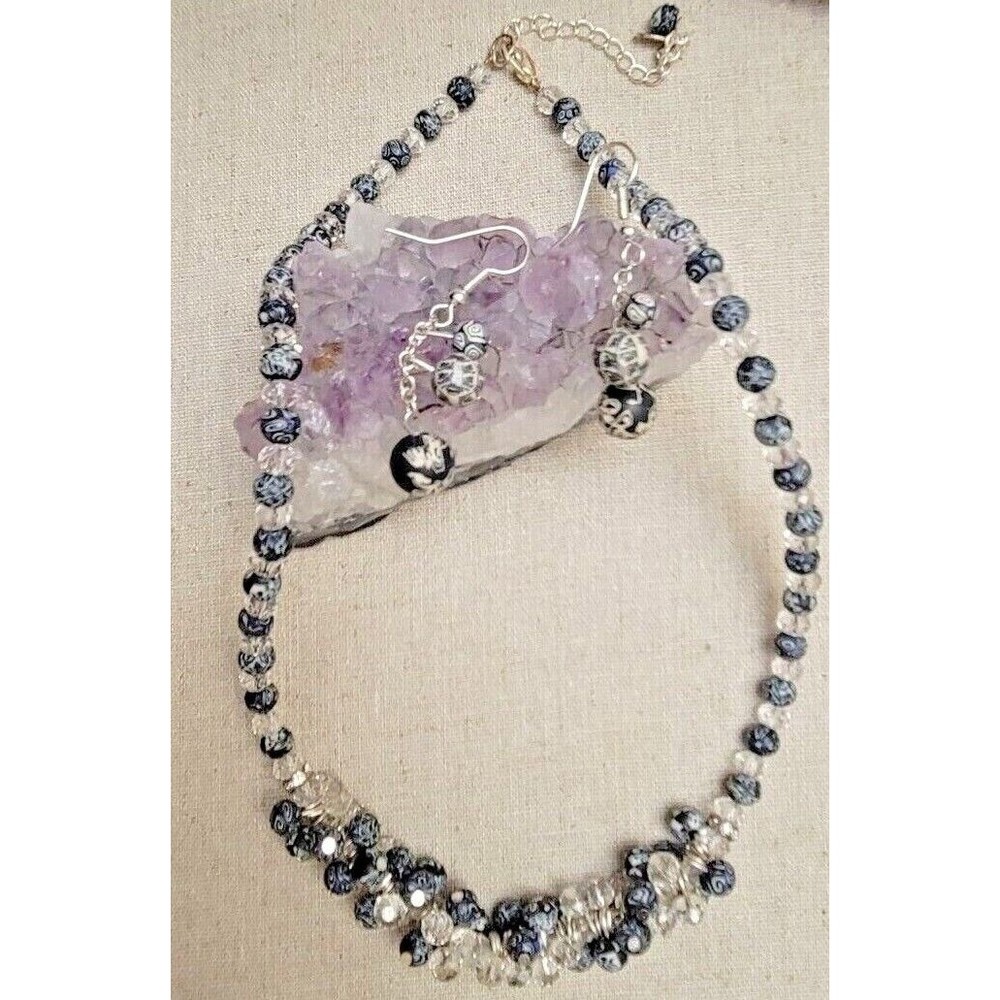 Viva Beads Cluster Crystals Denim Color Clay Beaded Necklace Earring Signed Set